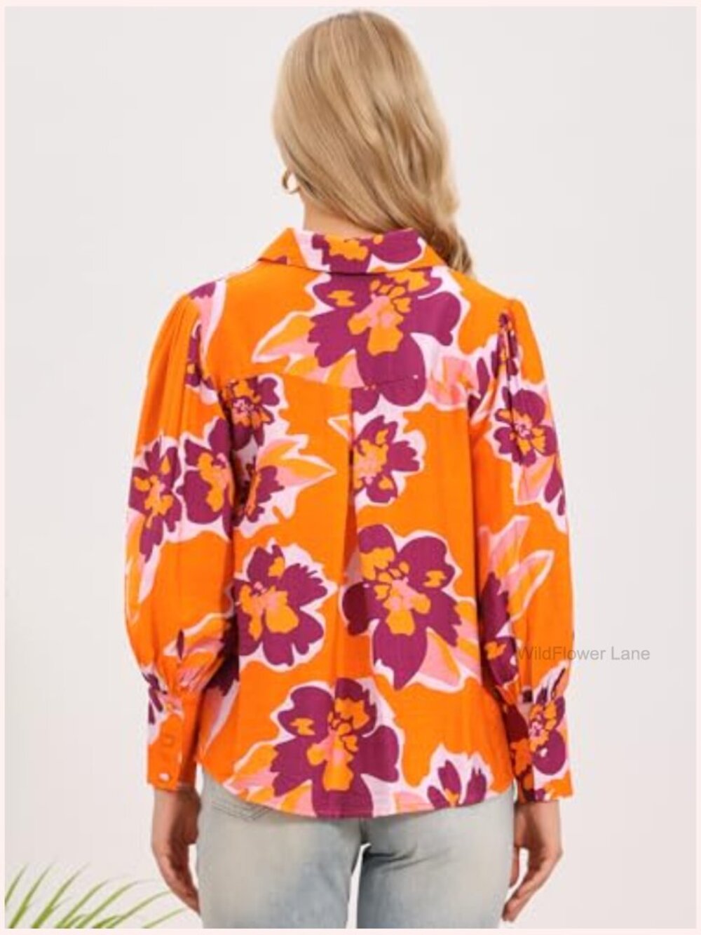 Boho Floral Blouse, Lantern Long Sleeve Button Down Shirt - Picture 2 of 5